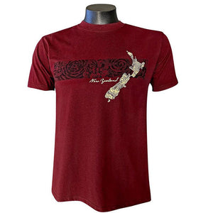 NZ Maori Tattoo and Map Burgundy Mens T-shirt - ShopNZ