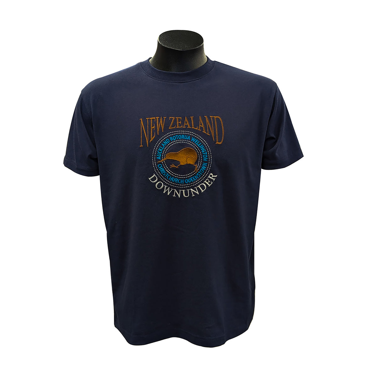 Navy Mens NZ Souvenir T-shirt with Embroidered Running Kiwi Bird