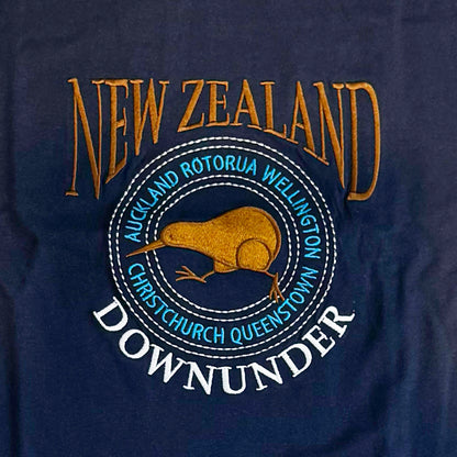Navy Mens NZ Souvenir T-shirt with Embroidered Running Kiwi Bird