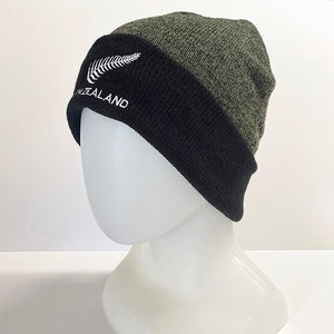 Olive Green and Black NZ Silver Fern Beanie Hat