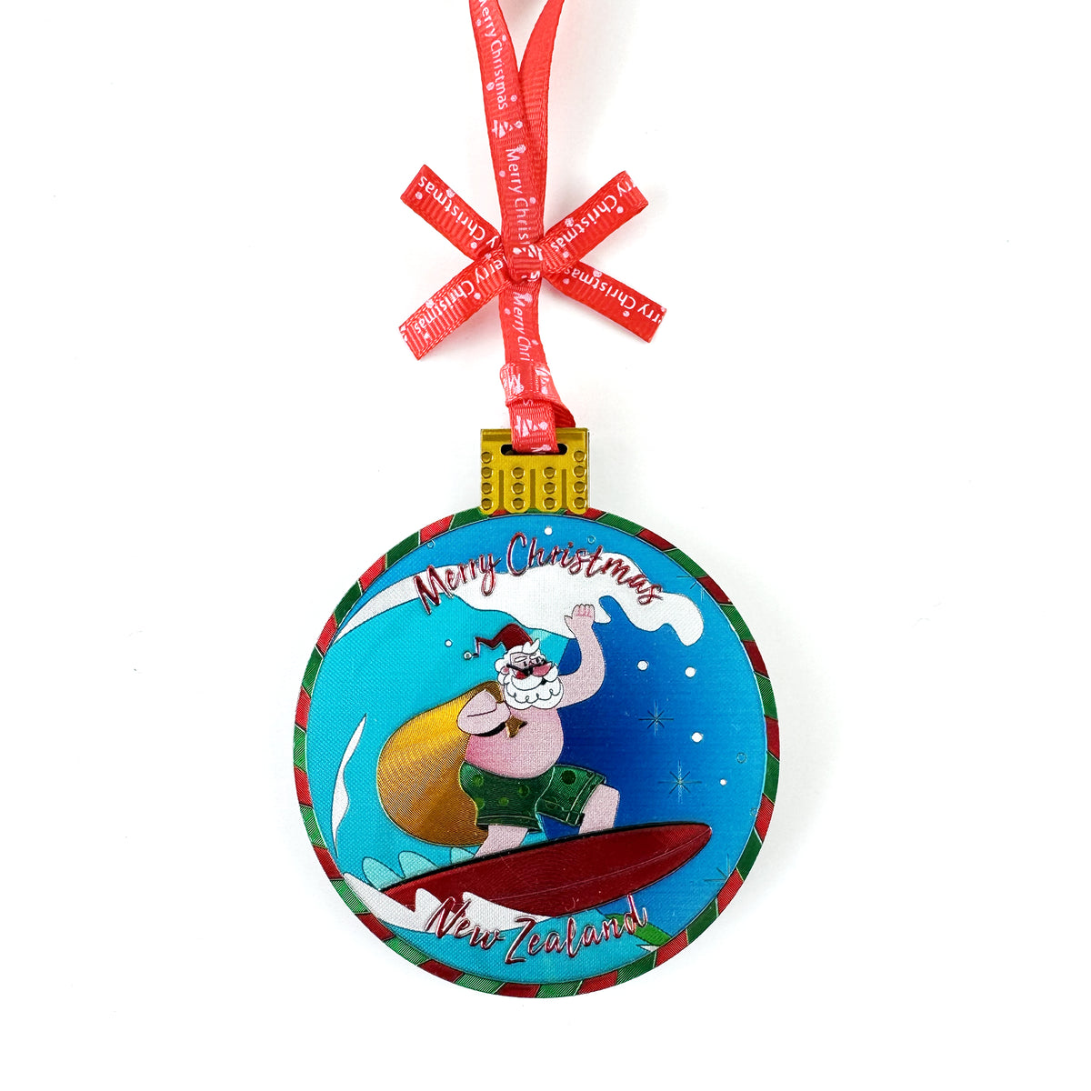 Shiny Foil NZ Santa on a Surfboard Christmas Ornament