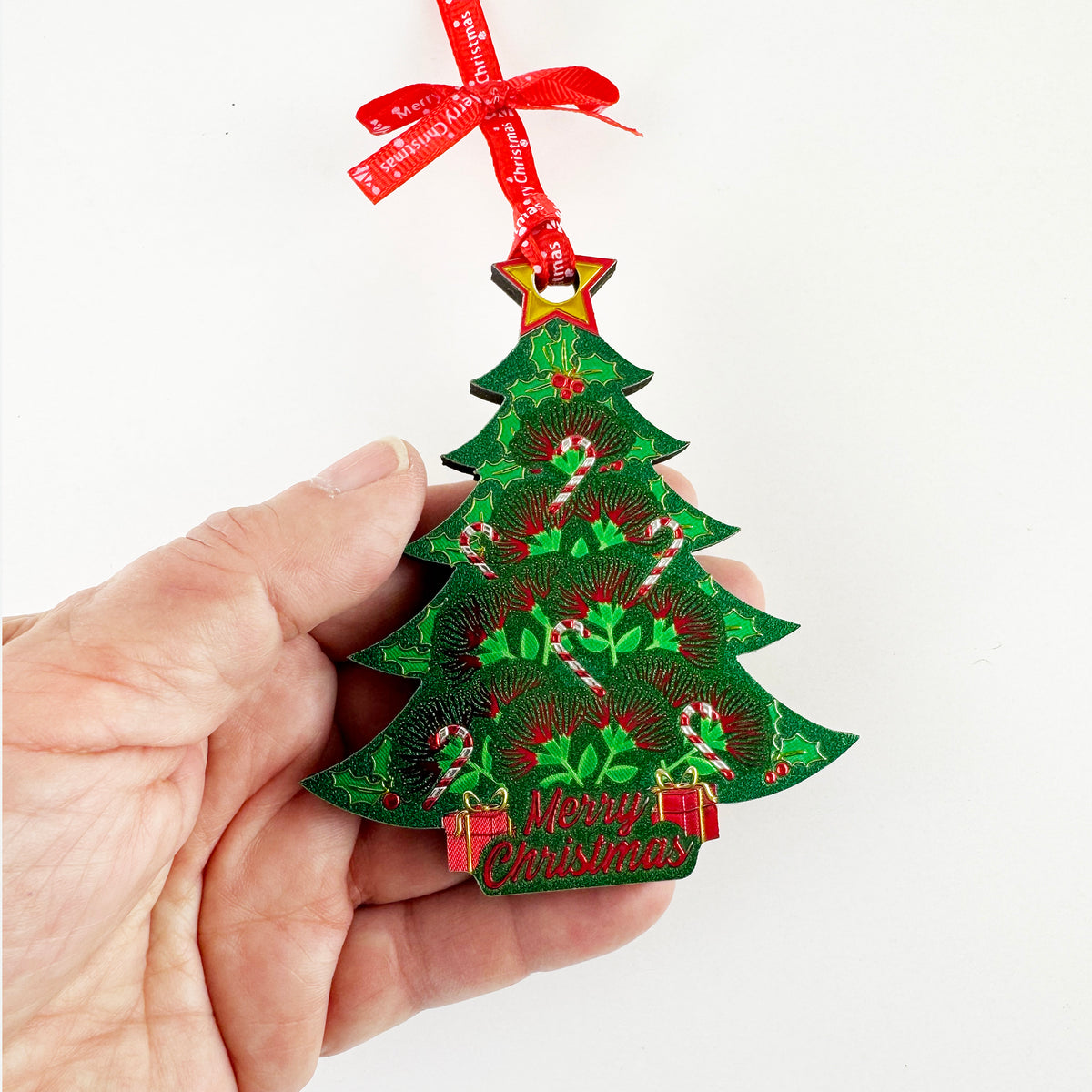 Shiny Foil Merry Christmas Tree with NZ Pohutukawa Flowers