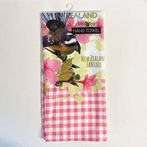 Pretty Pink Gingham NZ Fantail on Manuka Hand Towel - ShopNZ