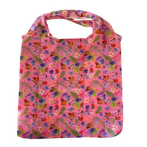 Pink Kiwi Fantail Flowers Ferns Shopping Bag Easy To Fold - ShopNZ