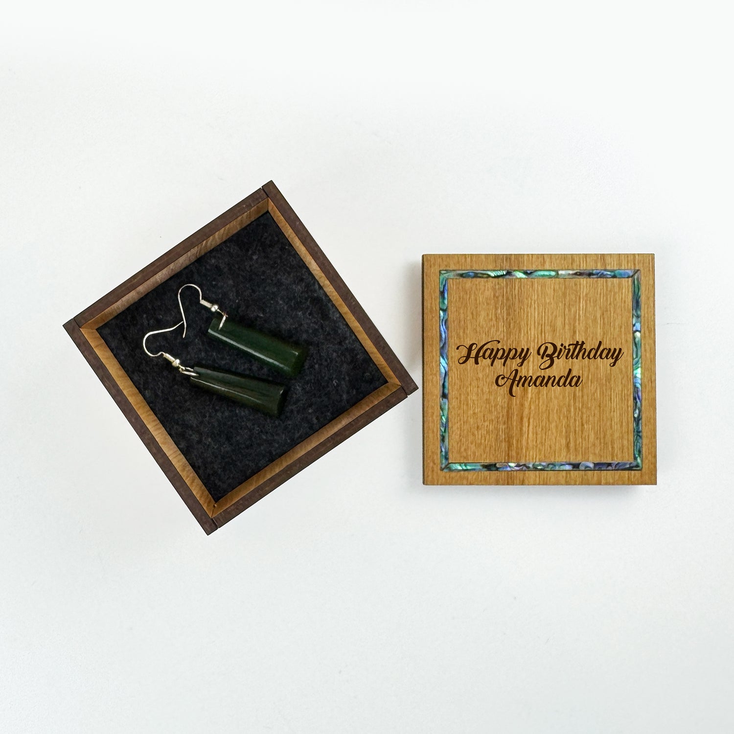 Square Rimu and Paua Jewellery or Trinket Box - Engravable for that Special Occasion