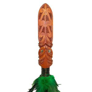 Maori Made Totara Taiaha with Green Feathers