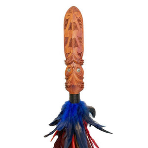 Totara Taiaha with Ngutu Kaka Carving and Red and Blue Feathers - ShopNZ