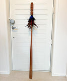 Totara Taiaha with Ngutu Kaka Carving and Red and Blue Feathers - ShopNZ