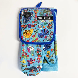 Turquoise Blue NZ Birds Kitchen Set - Oven Glove Pot Holder and Towel - ShopNZ