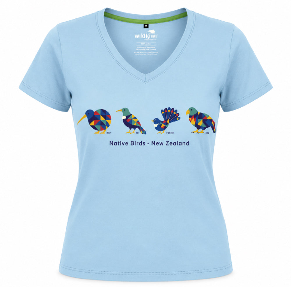 Pretty Soft Blue Womens Souvenir NZ T-shirt with Native Bird Print