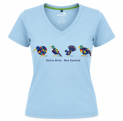 Pretty Soft Blue Womens Souvenir NZ T-shirt with Native Bird Print