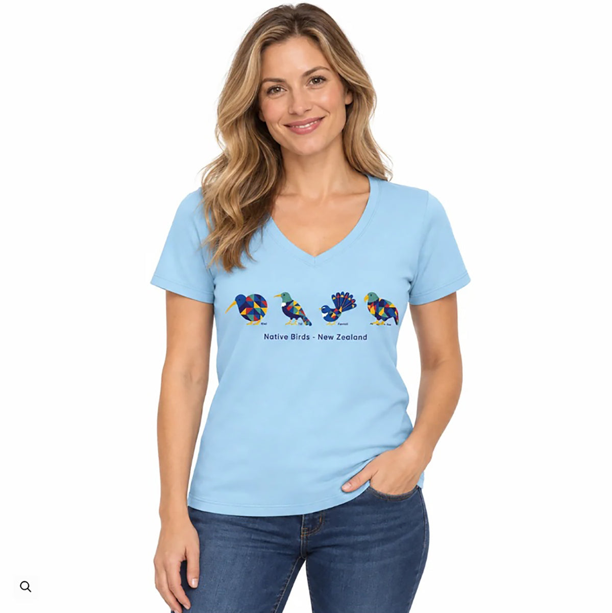 Pretty Soft Blue Womens Souvenir NZ T-shirt with Native Bird Print