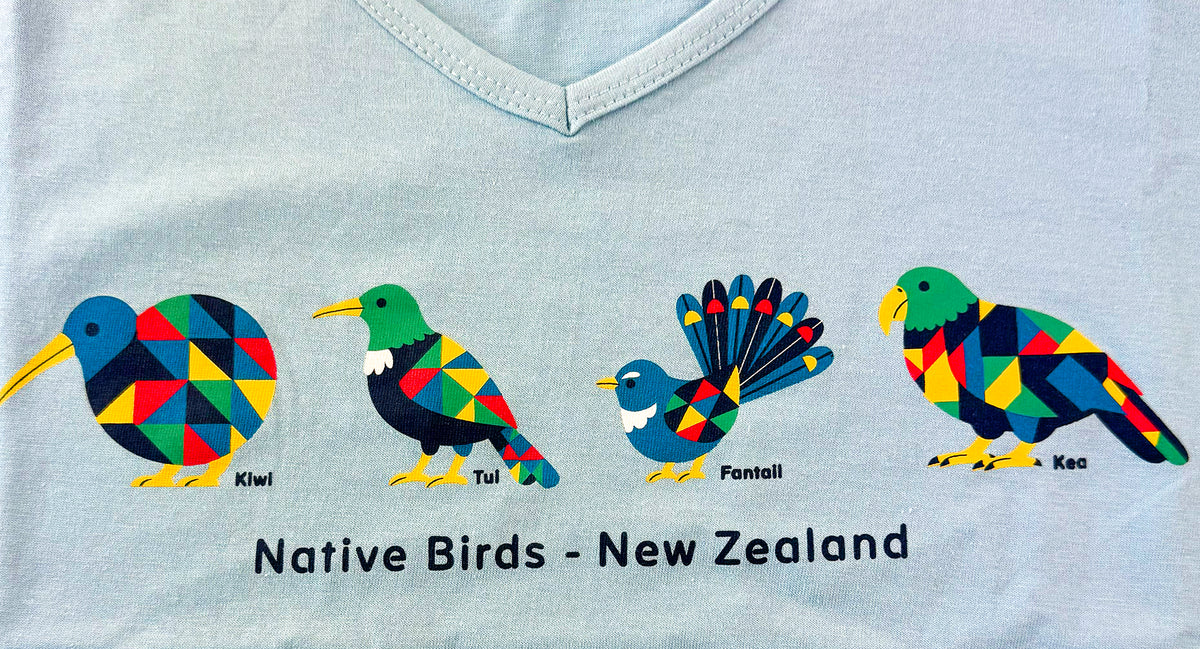 Pretty Soft Blue Womens Souvenir NZ T-shirt with Native Bird Print