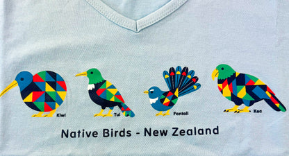 Pretty Soft Blue Womens Souvenir NZ T-shirt with Native Bird Print