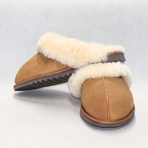 Beautiful NZ Womens Sheepskin Scuffs with Fluffy Collar - ShopNZ