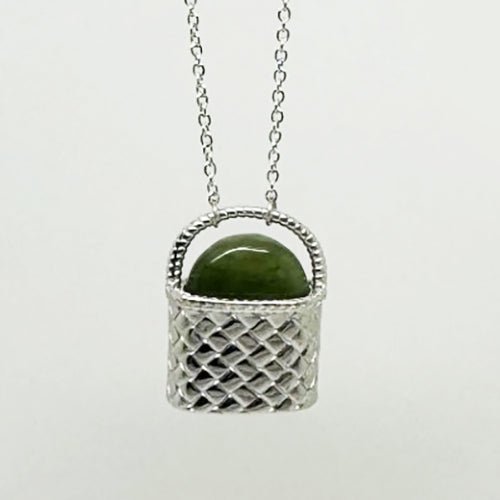 Beautiful Sterling Silver Maori Kete Bag Necklace with Pounamu - ShopNZ