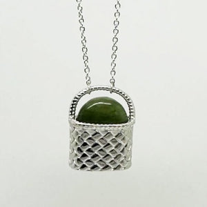 Beautiful Sterling Silver Maori Kete Bag Necklace with Pounamu - ShopNZ
