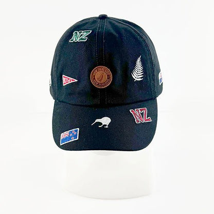Black Souvenir NZ Cap with Embroidered Icons - ShopNZ
