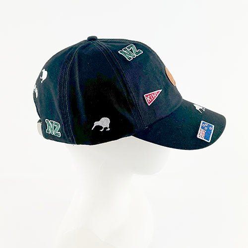 Black Souvenir NZ Cap with Embroidered Icons - ShopNZ