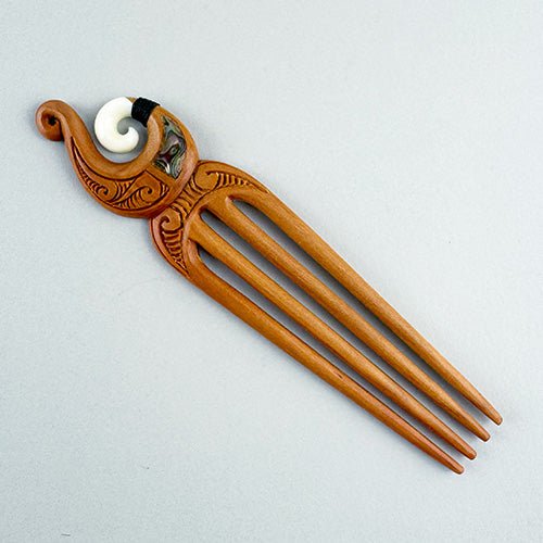Bone and Wood Maori Fish Hook Heru Hair Comb - ShopNZ