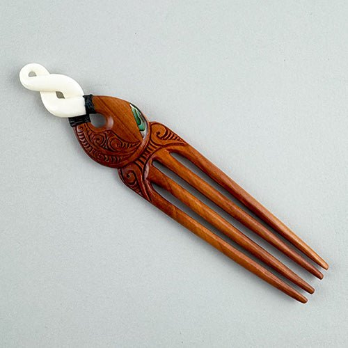 Bone and Wood Maori Heru Comb with Pikorua - ShopNZ