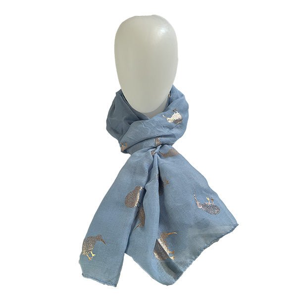 Chambray Blue NZ Souvenir Scarf with Sparkly Rose Gold Kiwi - ShopNZ