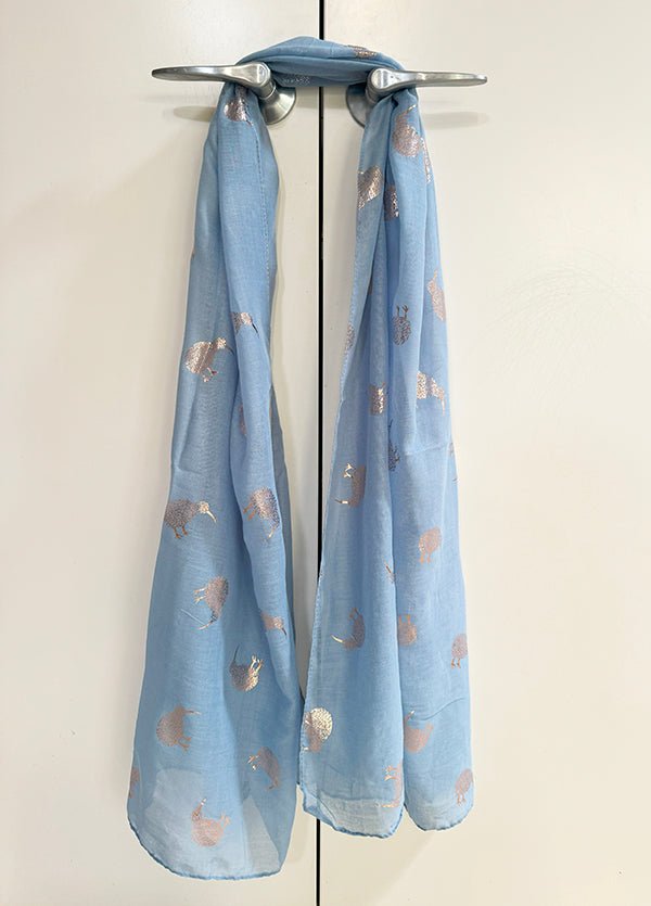 Chambray Blue NZ Souvenir Scarf with Sparkly Rose Gold Kiwi - ShopNZ
