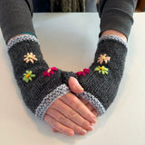 Charcoal Wool Fingerless Gloves with Pretty Embroidery - ShopNZ