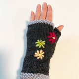 Charcoal Wool Fingerless Gloves with Pretty Embroidery - ShopNZ