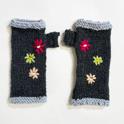Charcoal Wool Fingerless Gloves with Pretty Embroidery - ShopNZ