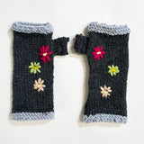 Charcoal Wool Fingerless Gloves with Pretty Embroidery - ShopNZ