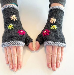 Charcoal Wool Fingerless Gloves with Pretty Embroidery - ShopNZ