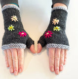Charcoal Wool Fingerless Gloves with Pretty Embroidery - ShopNZ
