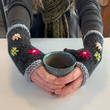 Charcoal Wool Fingerless Gloves with Pretty Embroidery - ShopNZ
