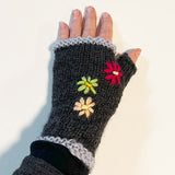 Charcoal Wool Fingerless Gloves with Pretty Embroidery - ShopNZ