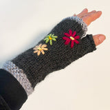 Charcoal Wool Fingerless Gloves with Pretty Embroidery - ShopNZ