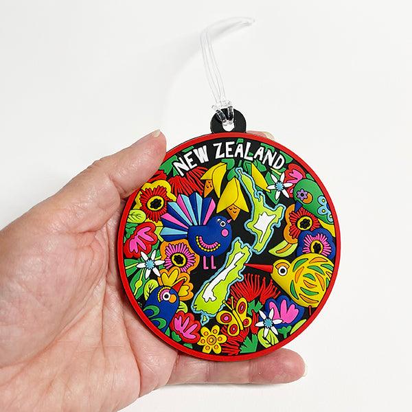Colourful NZ Birds Flowers Map Luggage Tag - ShopNZ