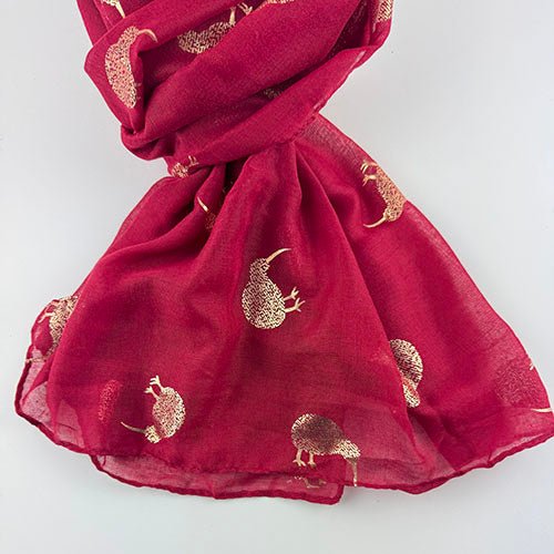 Crimson Red NZ Scarf with Sparkly Rose Gold Kiwi Birds - ShopNZ