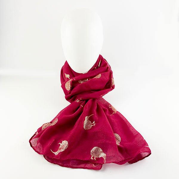 Crimson Red NZ Scarf with Sparkly Rose Gold Kiwi Birds - ShopNZ