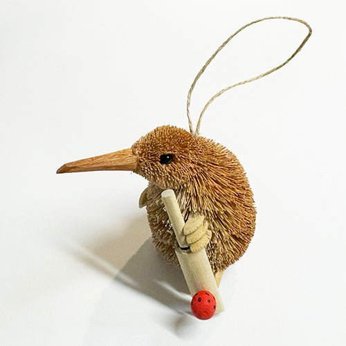 Cute Brush Kiwi Bird Xmas Ornament with Cricket Bat and Ball - ShopNZ