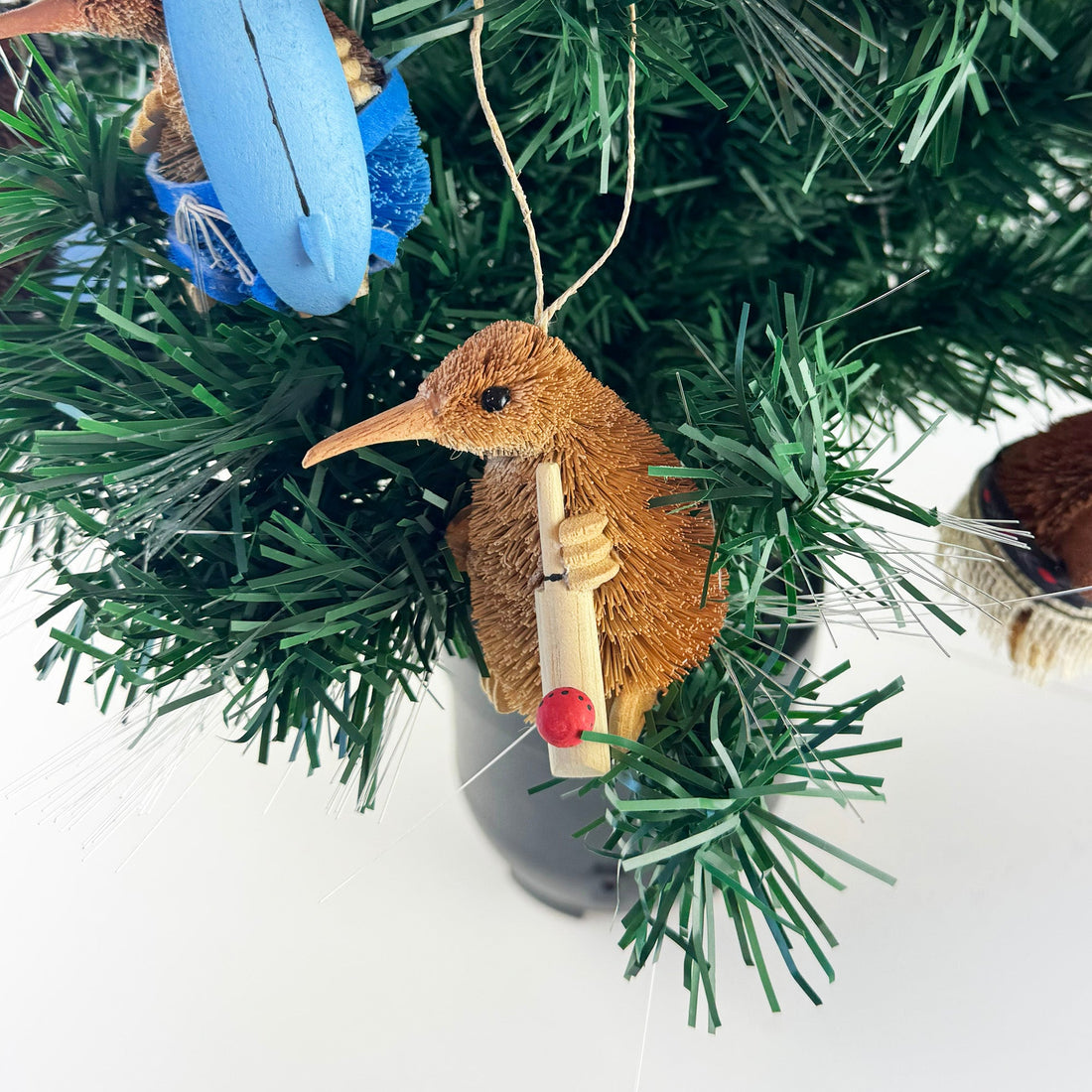 Cute Brush Kiwi Bird Xmas Ornament with Cricket Bat and Ball - ShopNZ