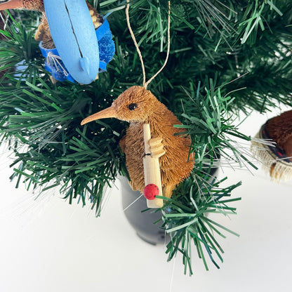 Cute Brush Kiwi Bird Xmas Ornament with Cricket Bat and Ball - ShopNZ