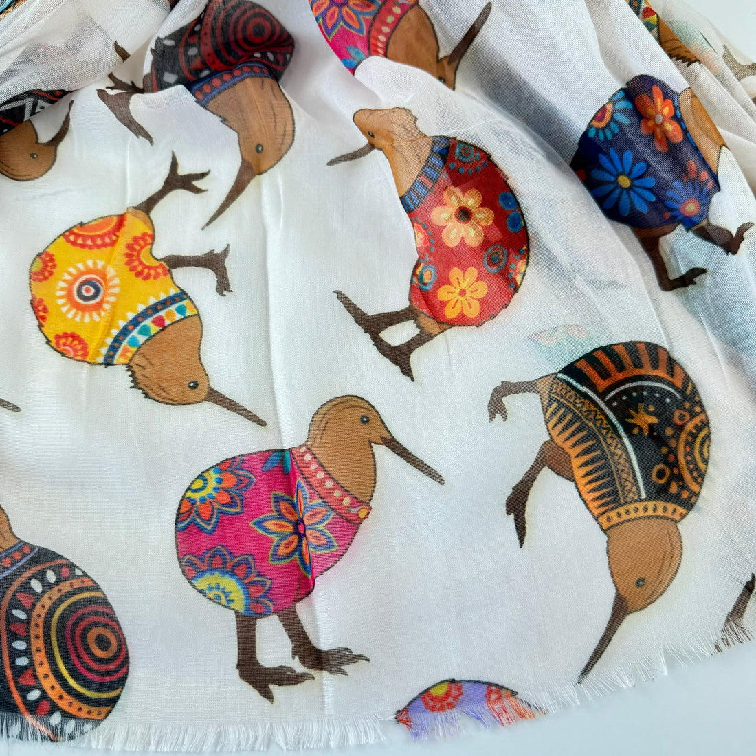 Cute NZ Kiwi Bird Scarf with Colourful Patchwork Style Print - ShopNZ