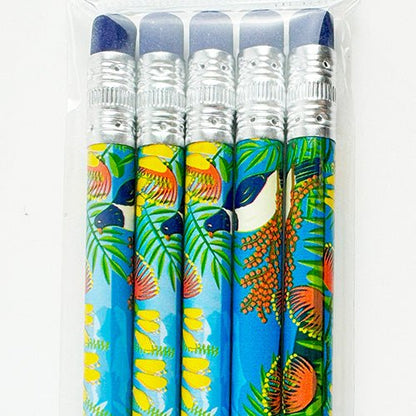 Cute Set of 5 Pencils with Native NZ Birds and Flowers Design - ShopNZ