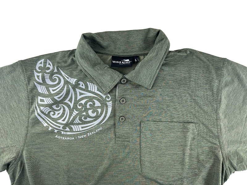 Dri - Fit Mens Aotearoa NZ Polo Shirt with Maori Shoulder Tattoo - ShopNZ