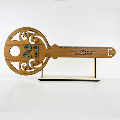 Elegant NZ Made Rimu and Paua 21st Key with Koru - ShopNZ