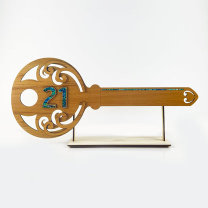 Elegant NZ Made Rimu and Paua 21st Key with Koru - ShopNZ