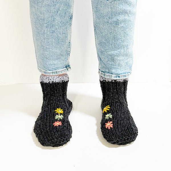 Embroidered Charcoal Wool and Sheepskin Fleece Slipper Socks - ShopNZ