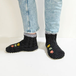 Embroidered Charcoal Wool and Sheepskin Fleece Slipper Socks - ShopNZ