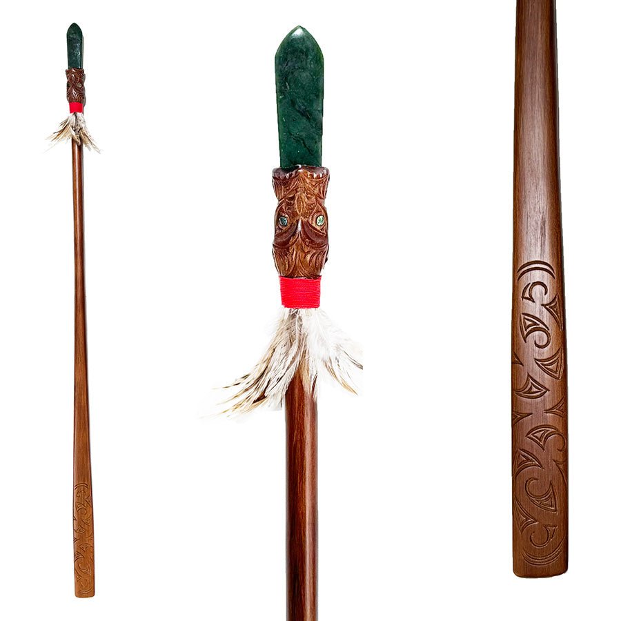 Full Size Taiaha with Greenstone Tongue (Stand Optional) - ShopNZ